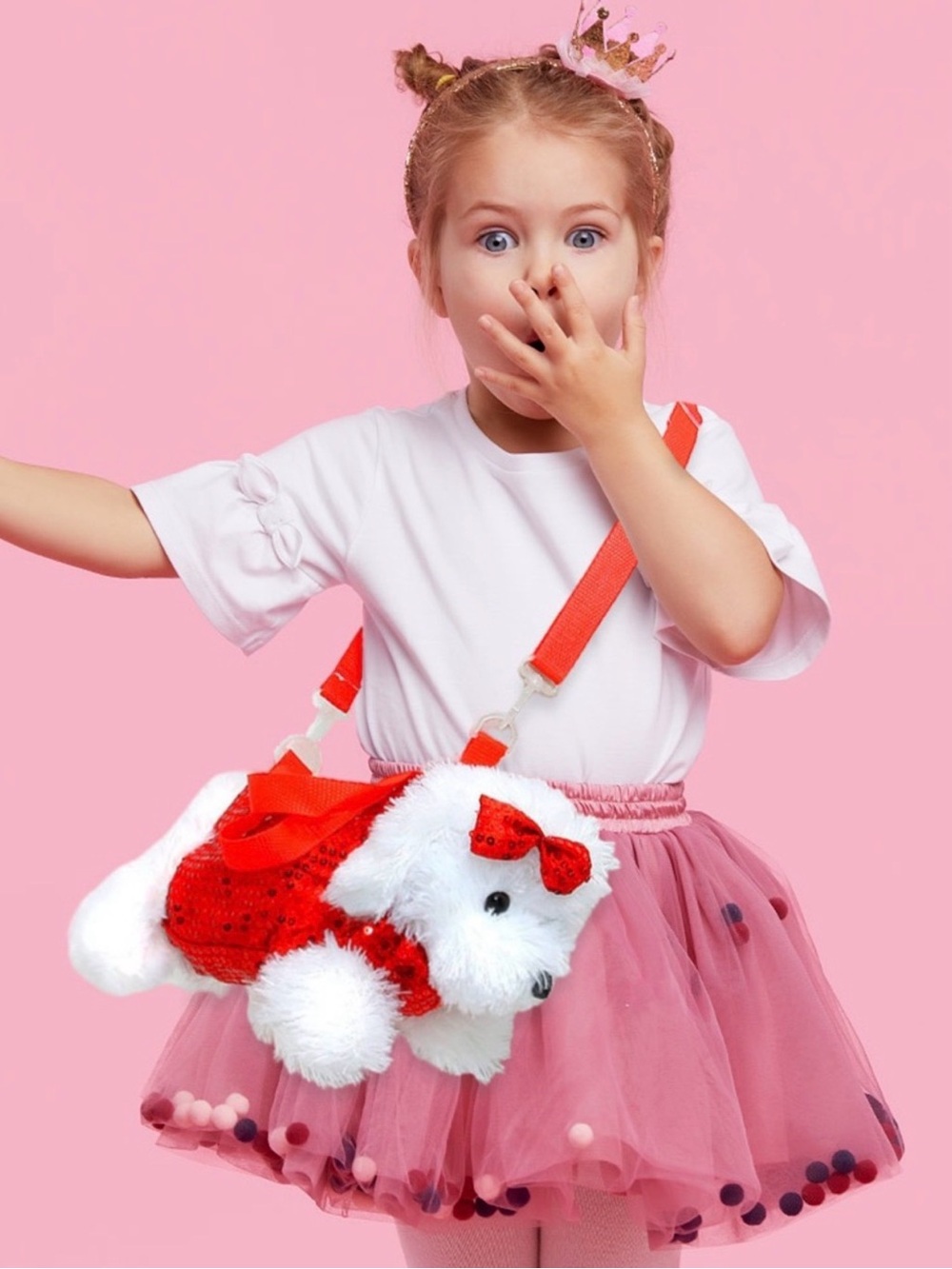 PLUSH WHITE PUPPY NOVELTY CROSSBODY BAG WITH RED ACCENTS